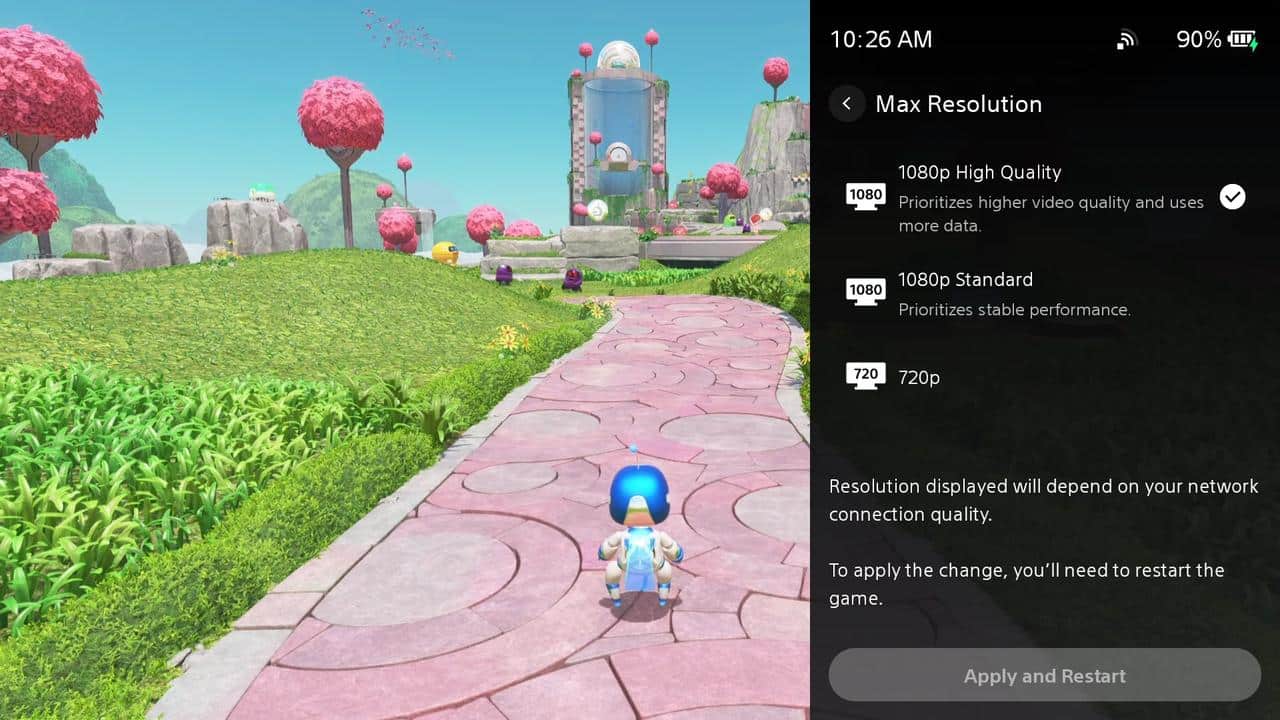 PlayStation Portal Max Resolution menu showing 1080p High Quality mode selected during a cloud gaming session.