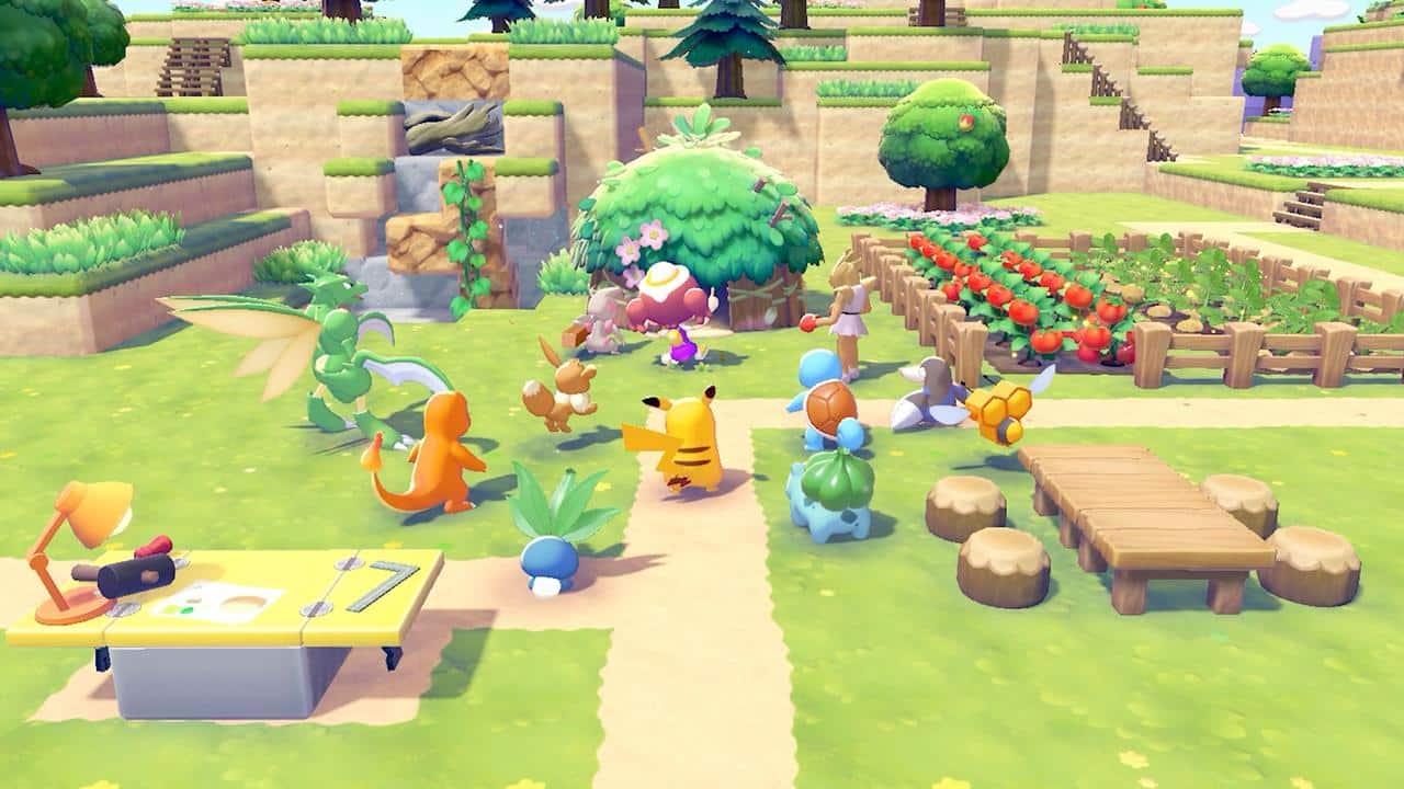 Pikachu, Charmander, Eevee and several other Pokémon going about their routines in a fully built habitat in Pokémon Pokopia.