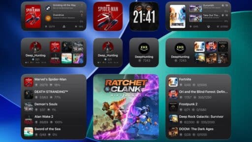 An iPad home screen showing several Portal: Remote Play widgets featuring PlayStation and Xbox game data and the Ratchet & Clank Rift Apart tile.