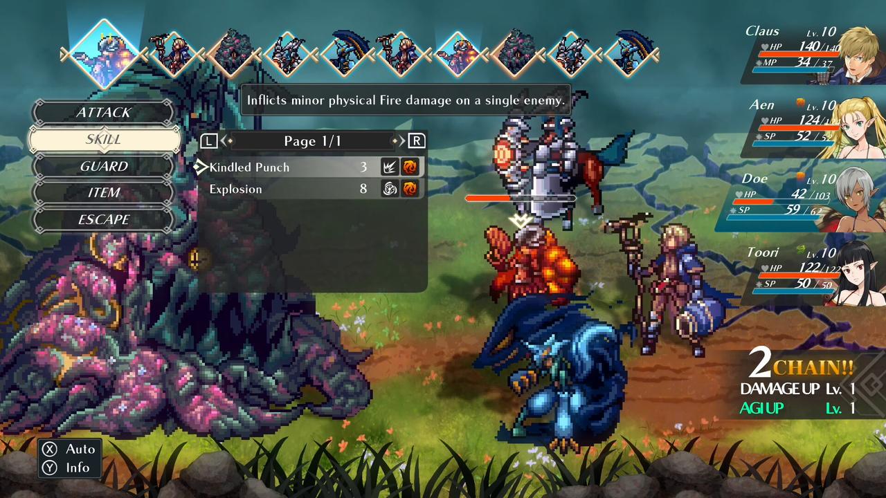 A battle screen from WiZmans World Re;Try showing the turn order timeline, skill menu, party members, and a chain bonus during combat.