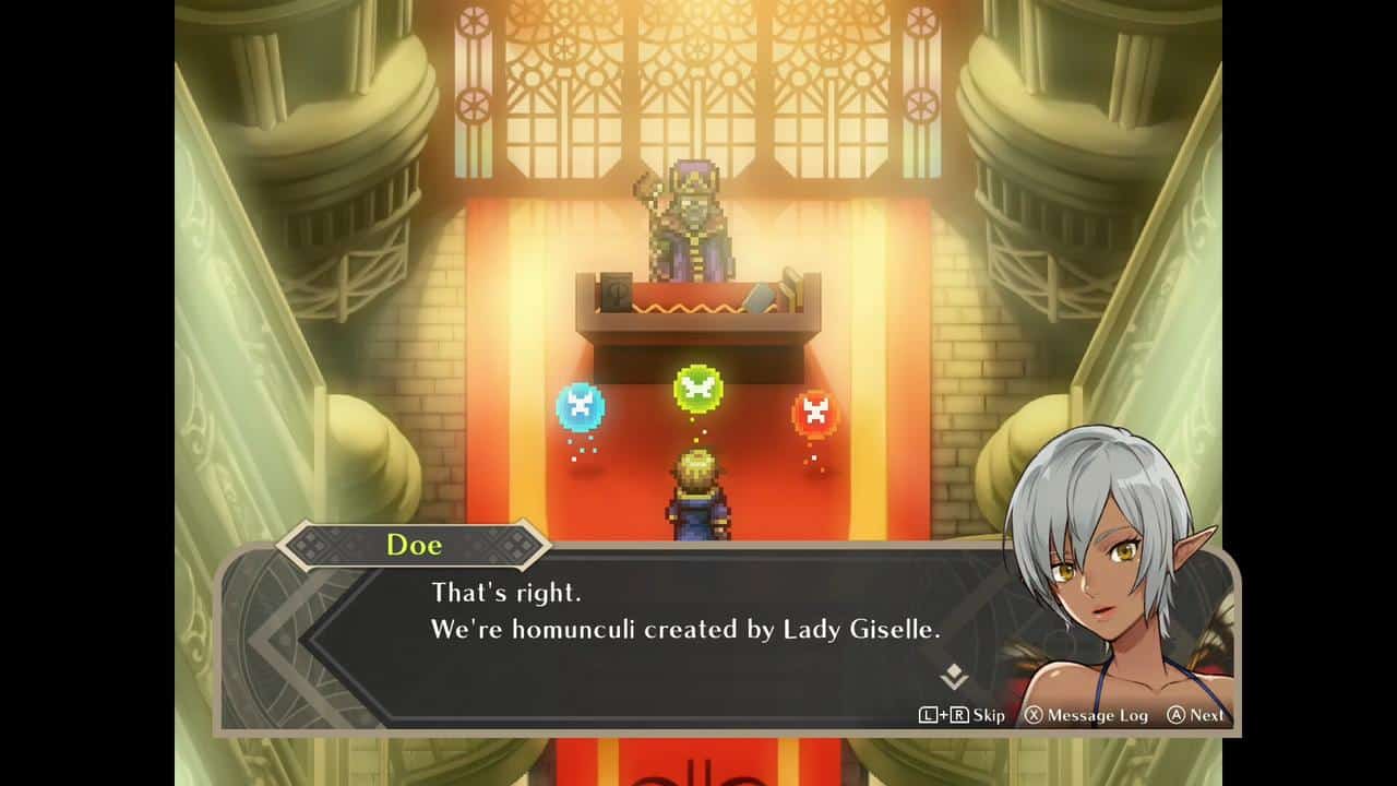 A story scene from WiZmans World Re;Try showing Doe speaking about the homunculi created by Lady Giselle inside a large hall.