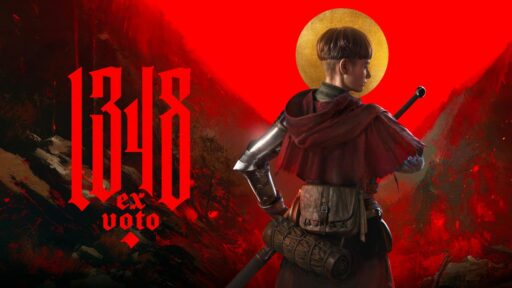Aeta standing with her longsword looking over a red landscape in the 1348 Ex Voto feature artwork.