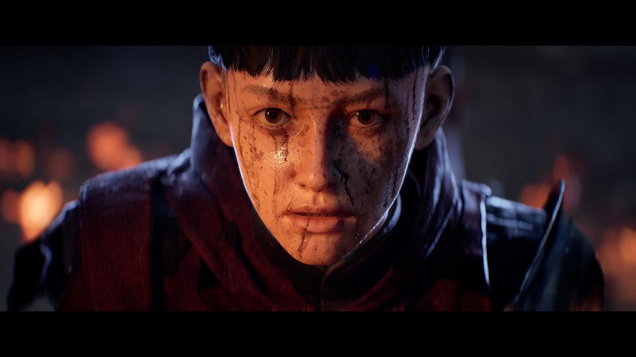 Close-up of Aeta's face covered in dirt and blood during a cinematic cutscene in 1348 Ex Voto.