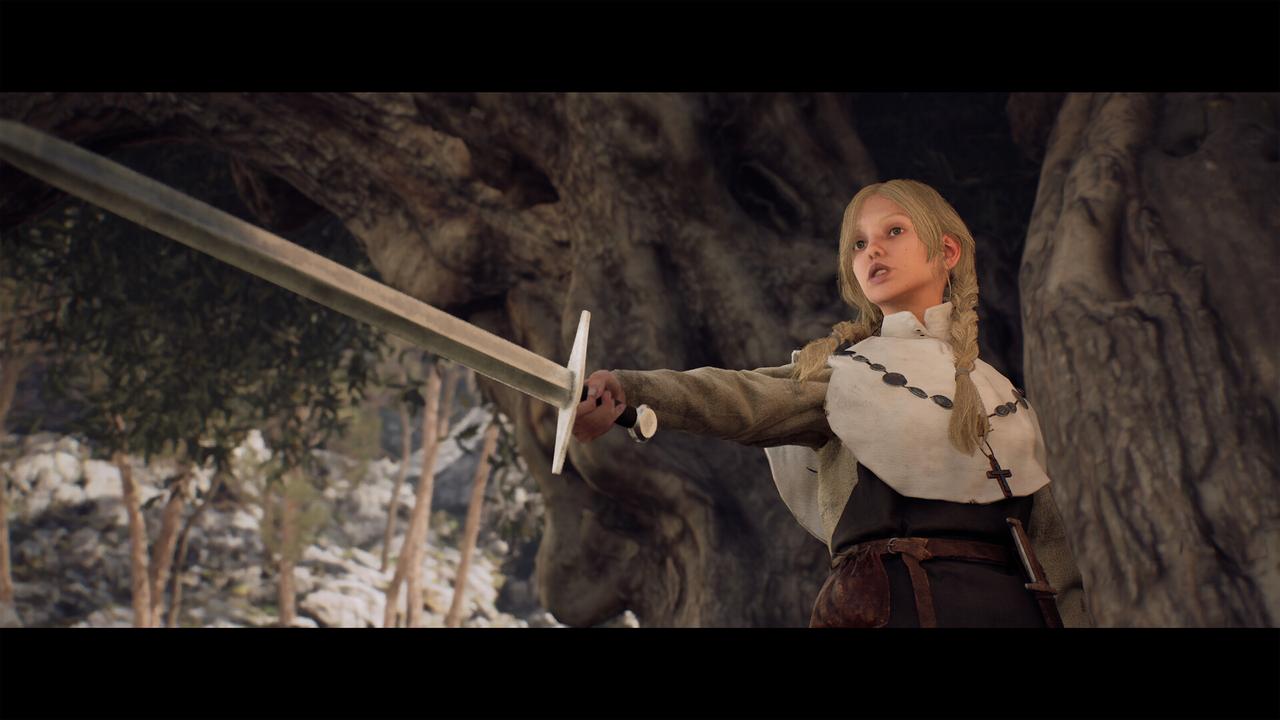 Bianca holding a longsword in front of a twisted tree during a cinematic cutscene in 1348 Ex Voto.