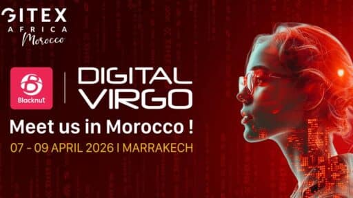 Red digital profile of a woman with text: "Meet us in Morocco! 07-09 April 2026, Marrakech. Explore Blacknut cloud gaming at GITEX Africa.