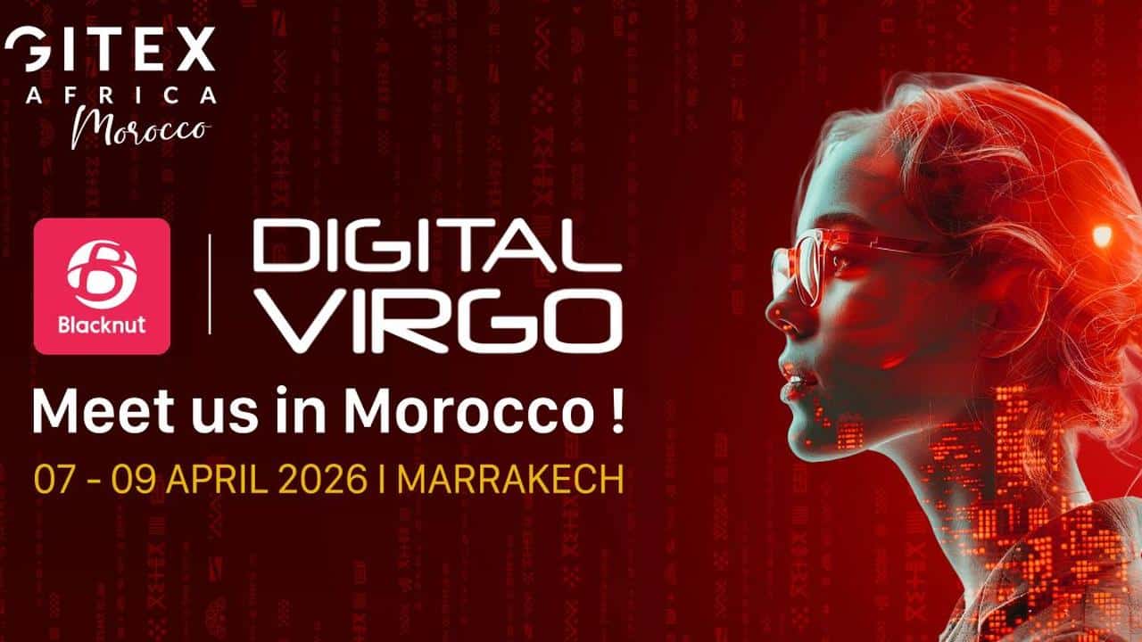 Red digital profile of a woman with text: "Meet us in Morocco! 07-09 April 2026, Marrakech. Explore Blacknut cloud gaming at GITEX Africa.
