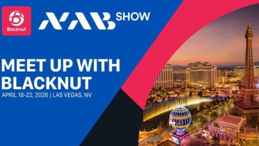 Banner for a Blacknut meetup at NAB Show 2026 in Las Vegas, with the Las Vegas Strip in the background.