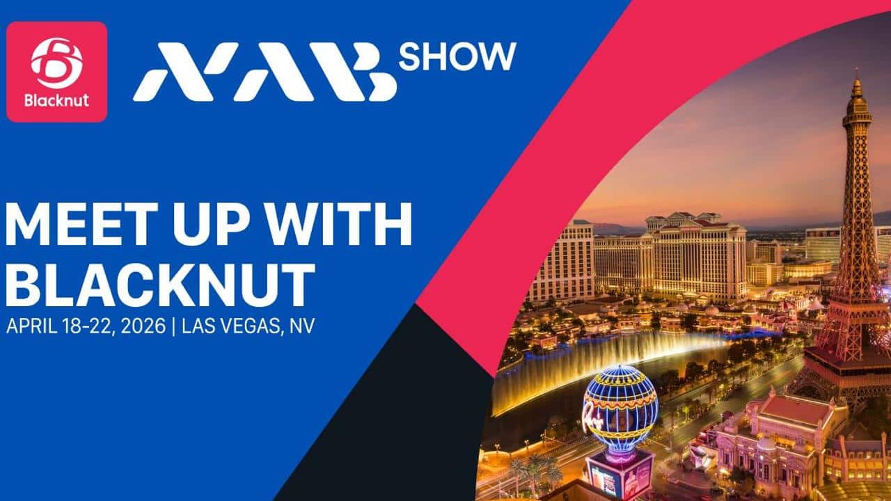 Banner for a Blacknut meetup at NAB Show 2026 in Las Vegas, with the Las Vegas Strip in the background.