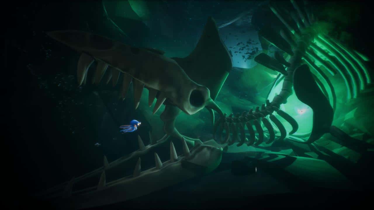 Darwin swims near a giant sea creature's skeleton in a dark, green-lit underwater cave, marveling at the eerie beauty and mystery—Darwin’s Paradox!.