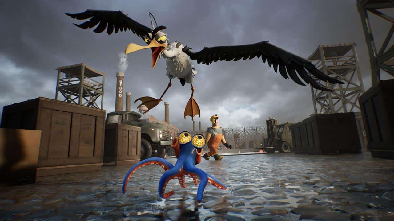 A cartoon bird with open wings chases a colorful octopus on a wet industrial dock—an animated twist on Darwin’s Paradox!.