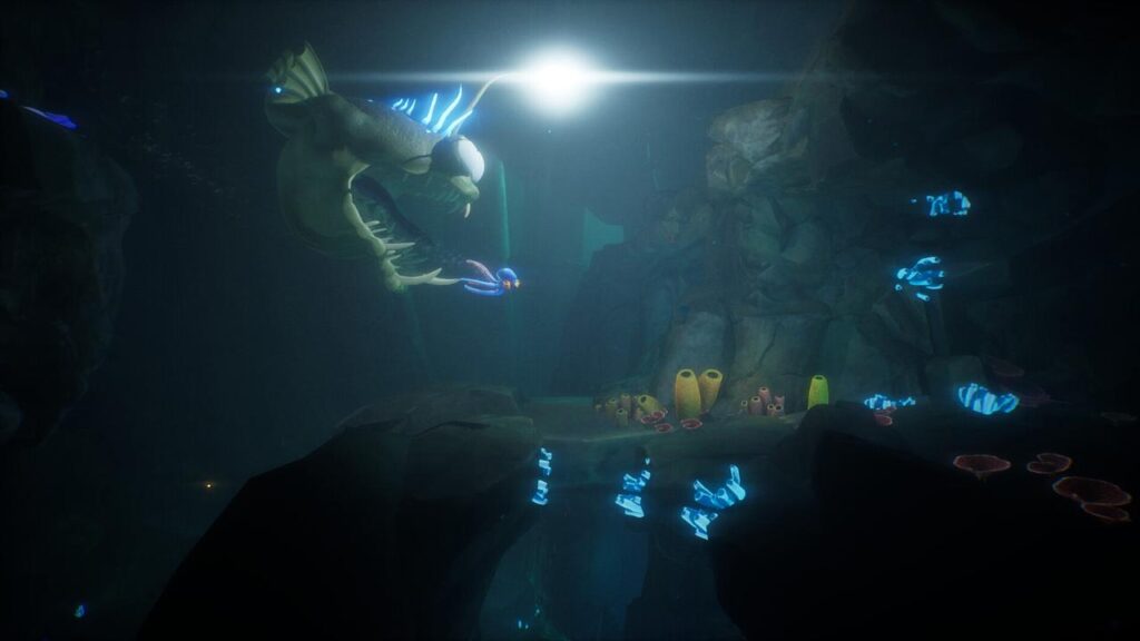 A large glowing fish with sharp teeth chases a diver in a dark underwater cave filled with glowing plants—a real-life glimpse of Darwin’s Paradox!.