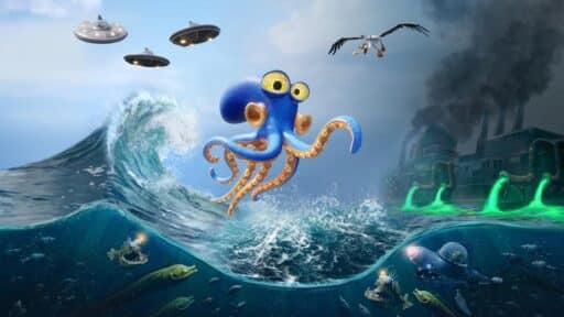Darwin rides a wave; UFOs, fish, and pollution fill the surreal seascape, echoing Darwin’s Paradox!.