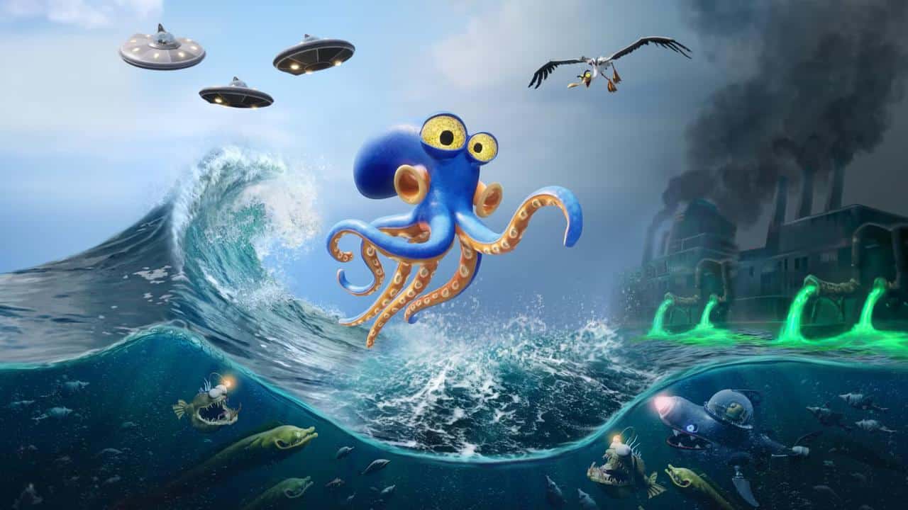 Darwin rides a wave; UFOs, fish, and pollution fill the surreal seascape, echoing Darwin’s Paradox!.
