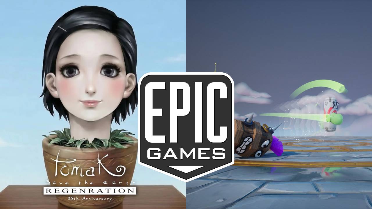 Epic Games logo centered between a plant pot with a doll face and a cartoonish in-game action scene.