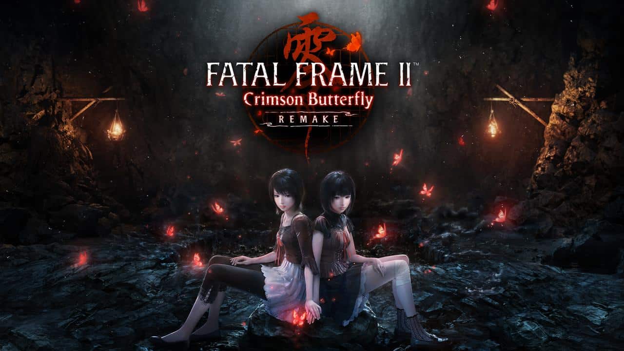 Two girls sit back to back in a dark cave with red butterflies swirling as the FATAL FRAME II: Crimson Butterfly REMAKE logo hovers above.