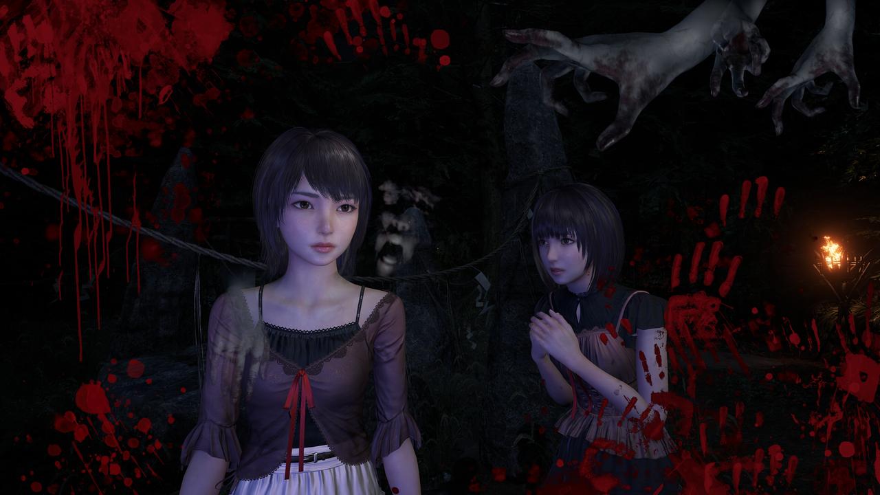 Two girls look fearful in a dark, eerie forest with ghostly hands and blood splatters around them, evoking the chilling atmosphere of FATAL FRAME II: Crimson Butterfly REMAKE.