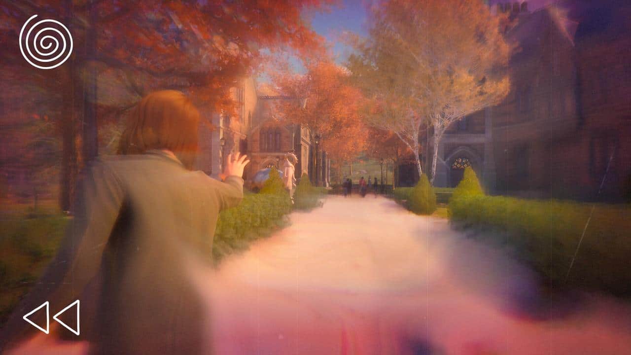A person reaches out on a blurry, autumn path lined with trees and old buildings, with icons in the corners—evoking the mysterious atmosphere of Life is Strange: Reunion.