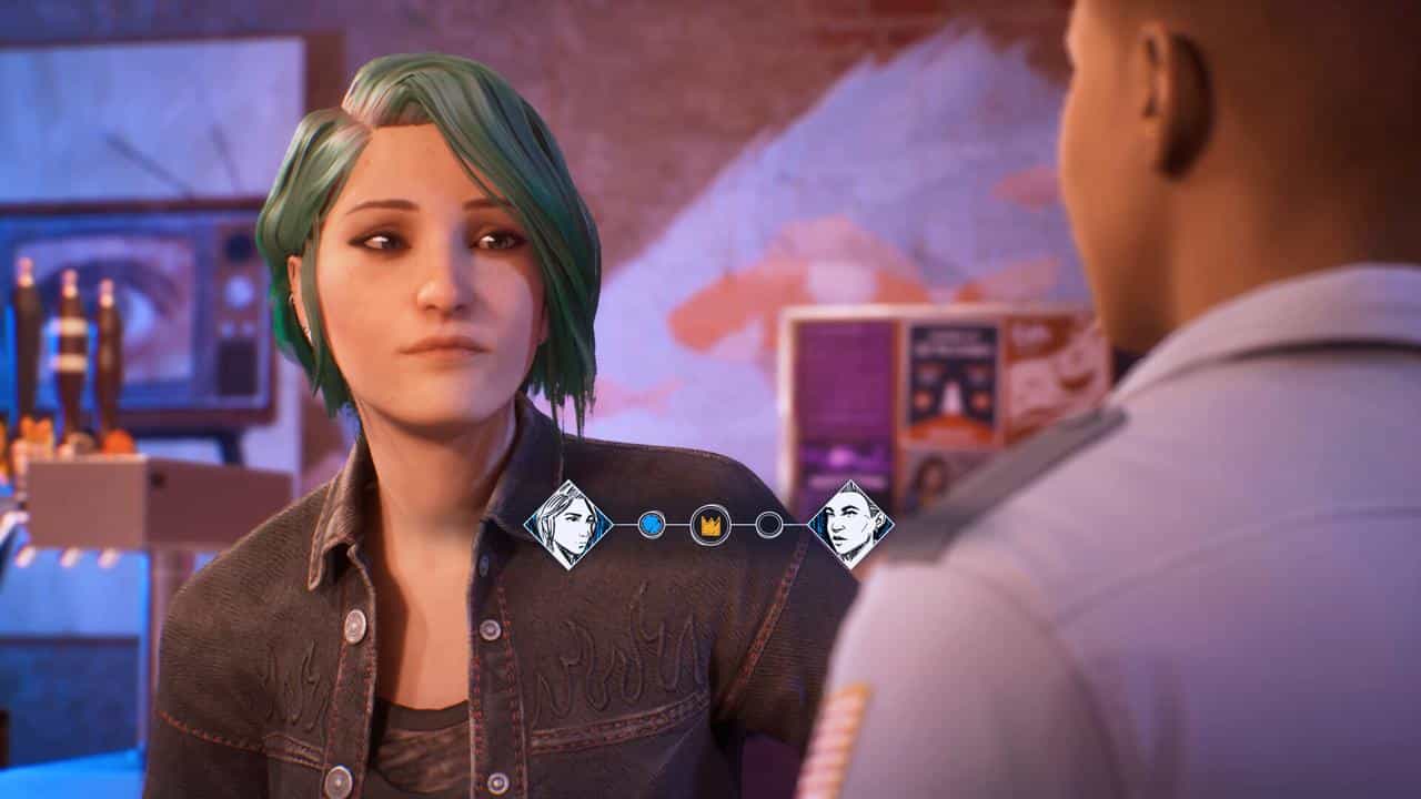 A woman with green hair talks to a man in uniform; dialogue options from Life is Strange: Reunion appear on the screen.
