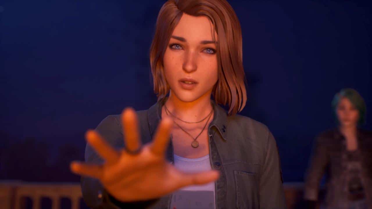 Animated woman reaches out with her hand, looking serious, in a scene inspired by Life is Strange: Reunion; another person stands blurred in the background.