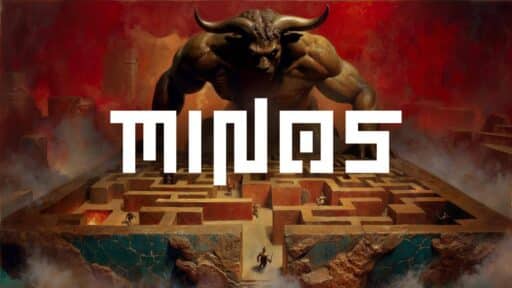 A large minotaur looms over a dark maze, with "Minas" in bold white block letters across the image—a tribute to the legendary labyrinth ruled by Minos.