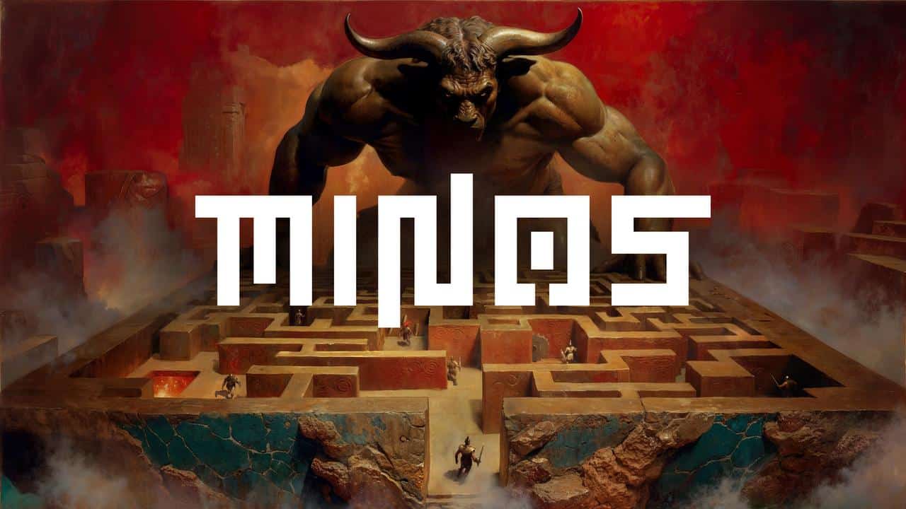 A large minotaur looms over a dark maze, with "Minas" in bold white block letters across the image—a tribute to the legendary labyrinth ruled by Minos.