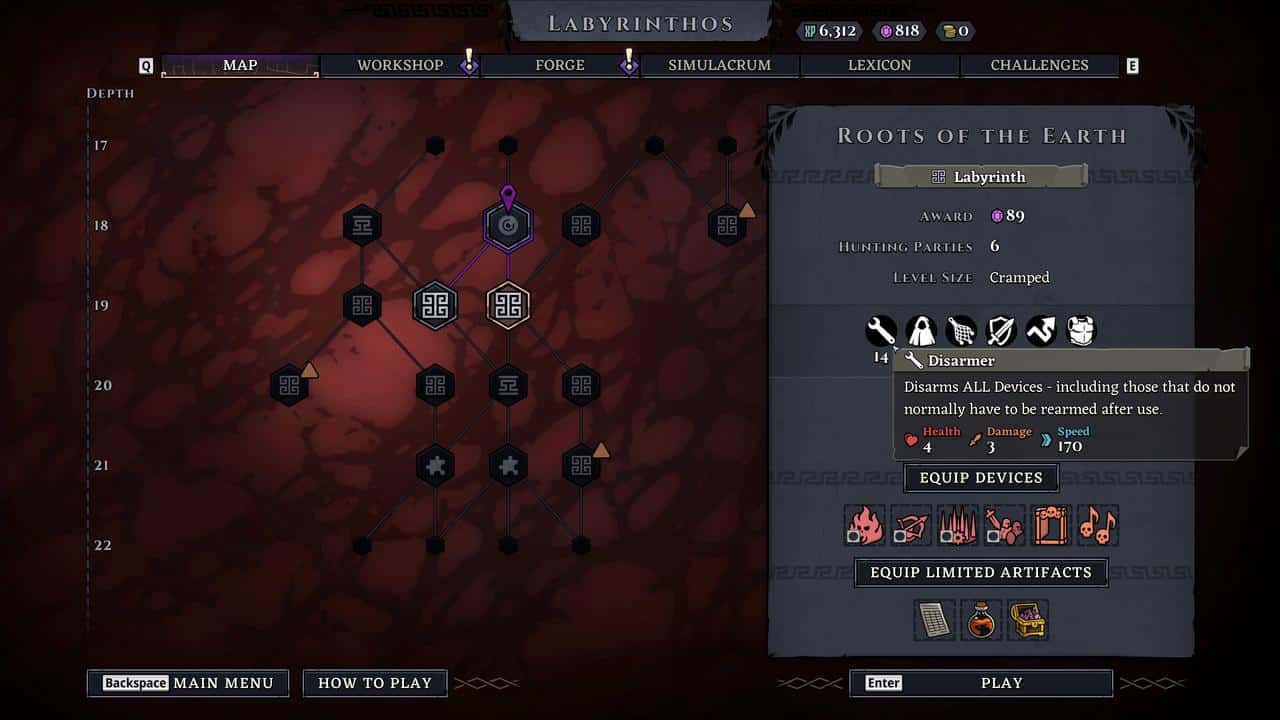 Game interface showing a skill tree and device details for "Labyrinthos: Roots of the Earth" menu screen, featuring Minos-inspired icons and pathways.