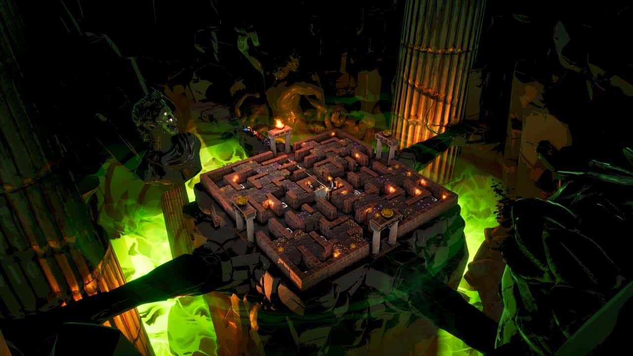 A glowing labyrinth of Minos floats above green light, surrounded by giant statues and ancient pillars in darkness.