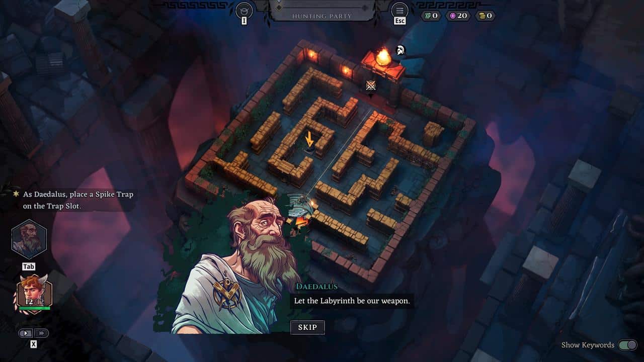 A video game screen shows a maze, character portraits, and dialogue from Daedalus: "Let the Labyrinth be our weapon, Minos.