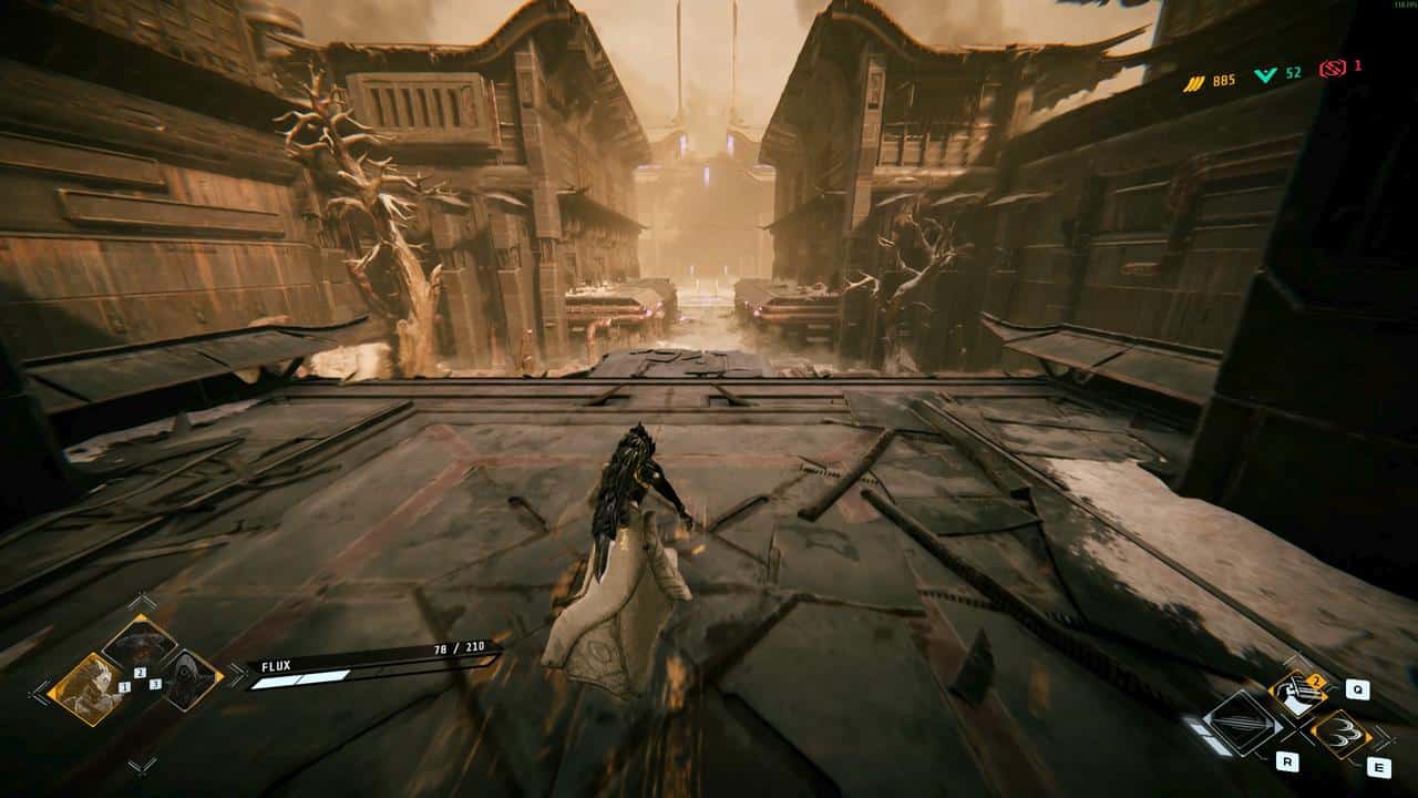 Third-person view of a warrior running through a post-apocalyptic, deserted street in Morbid Metal early access.