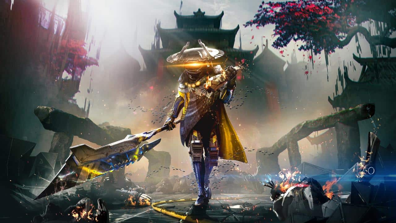 A futuristic armored warrior with a glowing visor wields a large spear in a ruined, mystical landscape reminiscent of Morbid Metal early access.