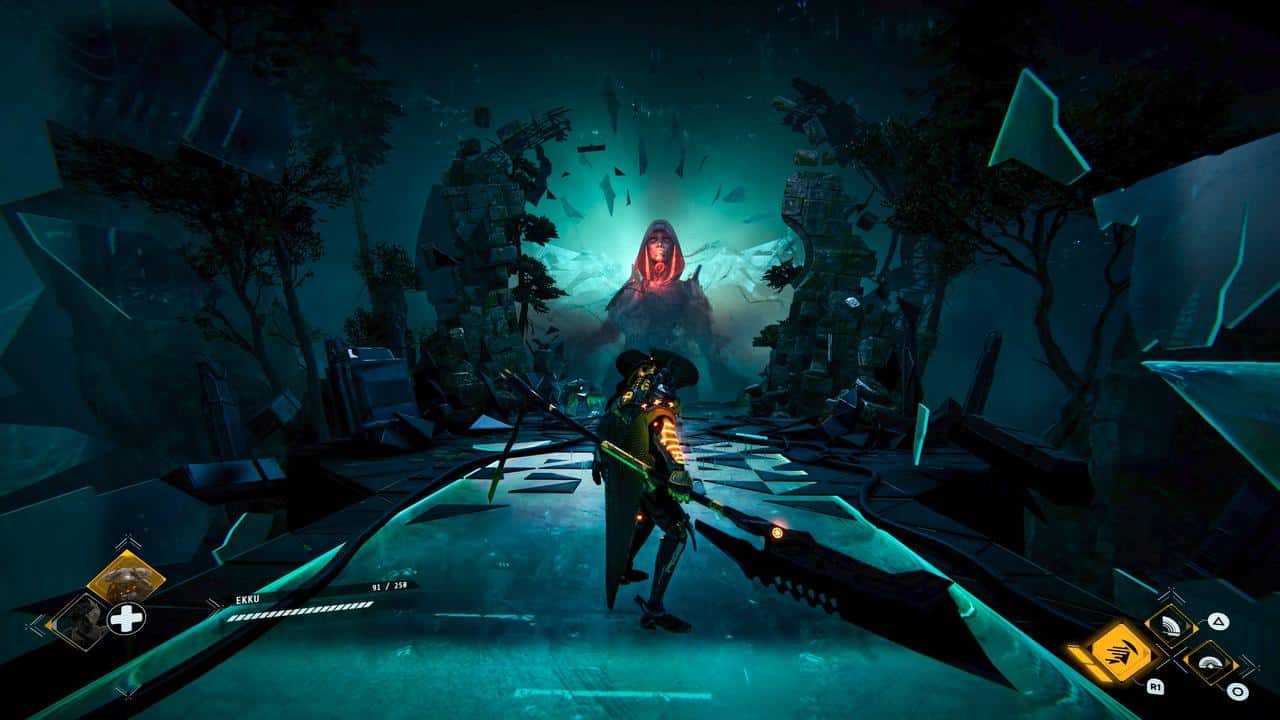 A warrior with a large weapon faces a glowing, hooded figure amid shattered ruins and floating debris—a scene reminiscent of Morbid Metal early access.