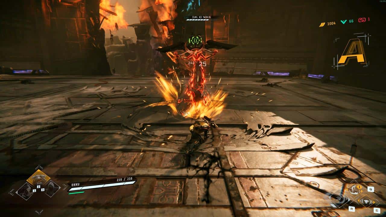 In Morbid Metal early access, a player character attacks a glowing red enemy in a futuristic, damaged arena filled with fiery effects.