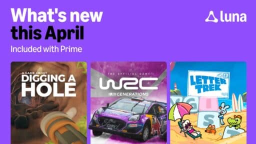 Three game covers under "What's new this April" on Luna, featuring Digging a Hole, WRC Generations, and Letter Trek.