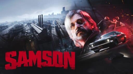 A gritty cityscape, a serious man’s face, a car chase, and the red title "SAMSON" dominate the image.