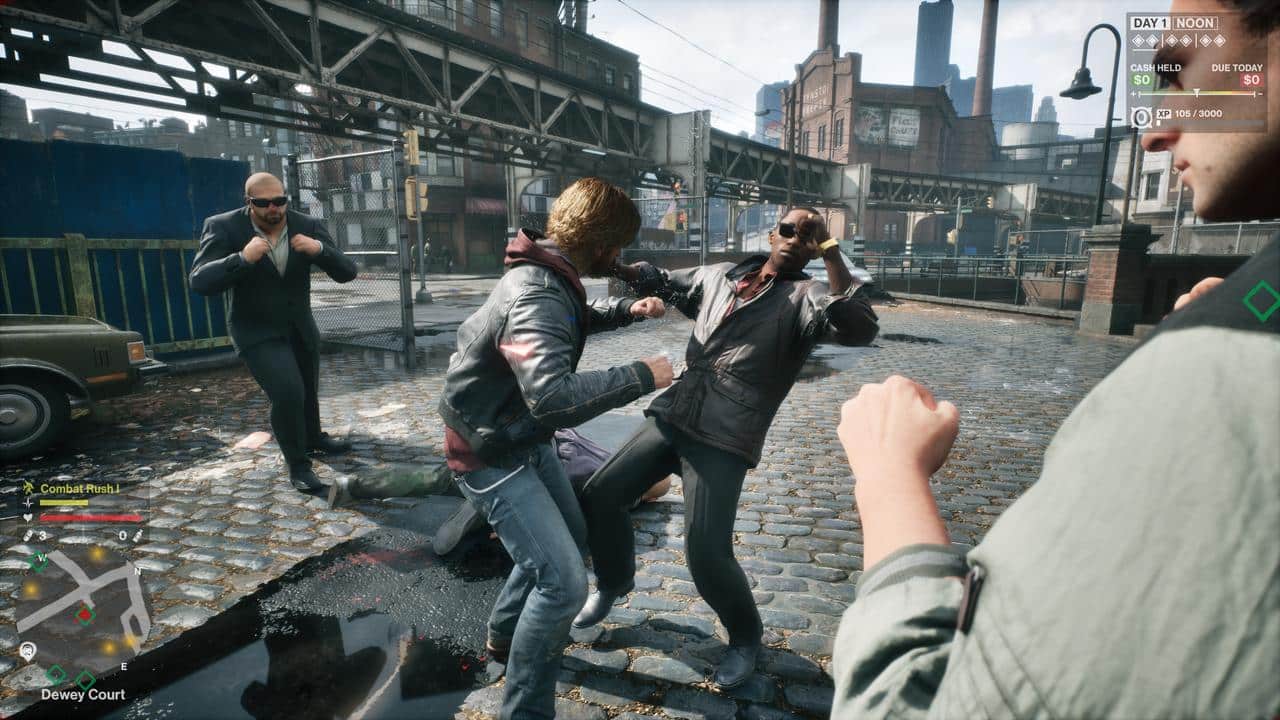 A scene from Samson showing a street fight between several characters, including Samson, on a cobblestone road in an urban area.