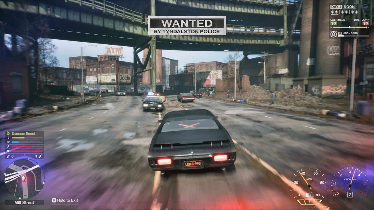 A car chase in a city street, with a "Wanted by Tyndalston Police" alert on screen as Samson tries to escape in this thrilling video game.