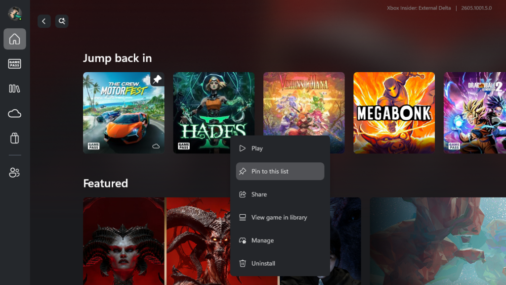 Xbox Pinned Games