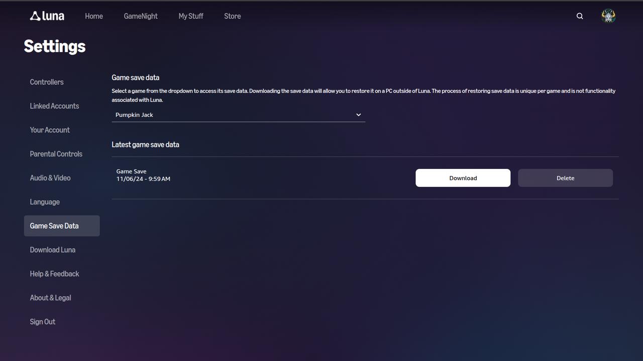 Selecting game save data for export in the Amazon Luna settings menu.