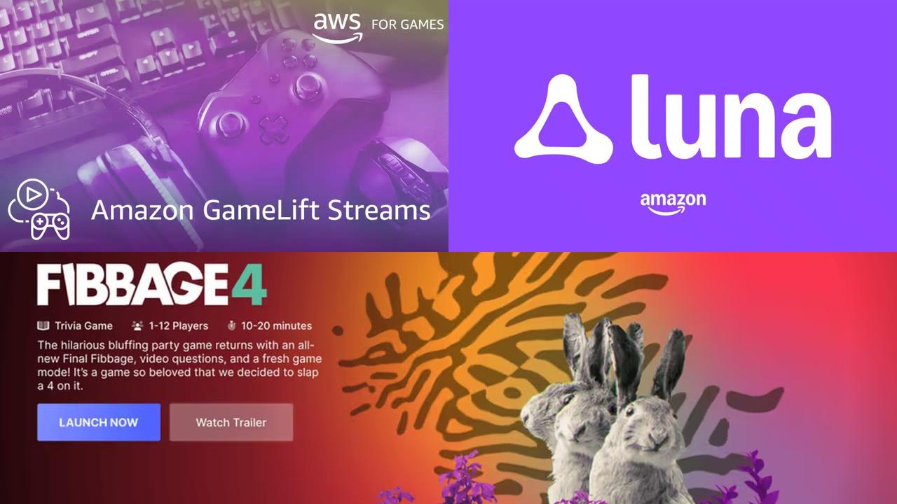 Collage showing Amazon GameLift Streams tech, Amazon Luna logo, and Jackbox Fibbage 4 screen.