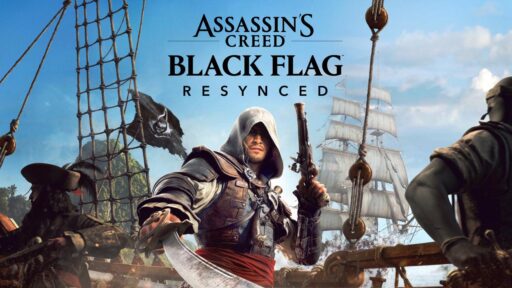 Edward Kenway stands on the deck of a pirate ship holding a sword and a flintlock pistol in Assassin's Creed Black Flag Resynced.