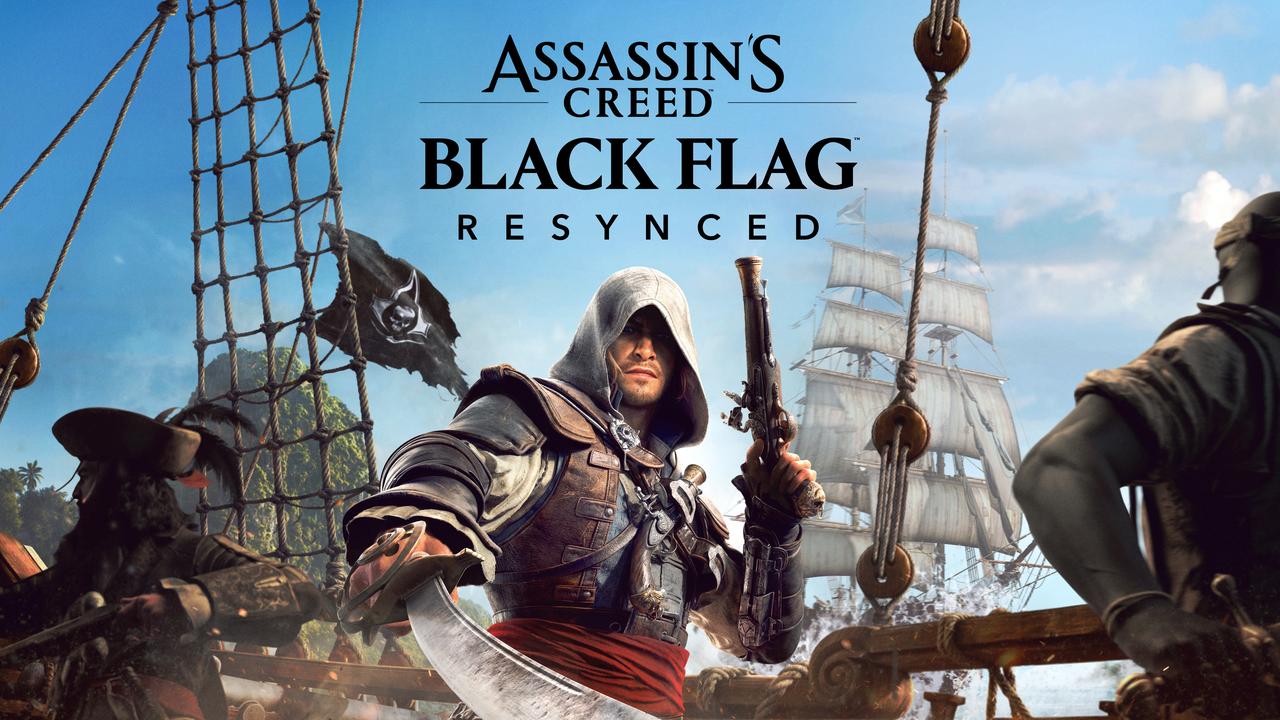 Edward Kenway stands on the deck of a pirate ship holding a sword and a flintlock pistol in Assassin's Creed Black Flag Resynced.