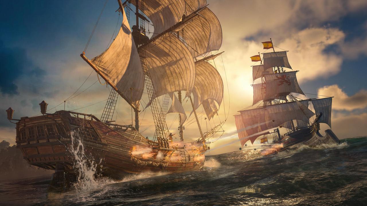 The Jackdaw engages a Spanish galleon in a naval battle during a sunset in Assassin's Creed Black Flag Resynced.