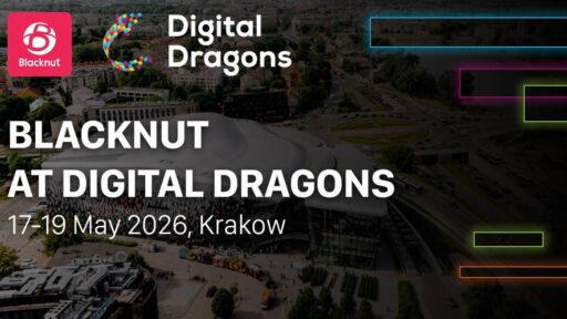 Blacknut and Digital Dragons logos overlaying an aerial view of the Kraków event venue for the May 2026 conference.