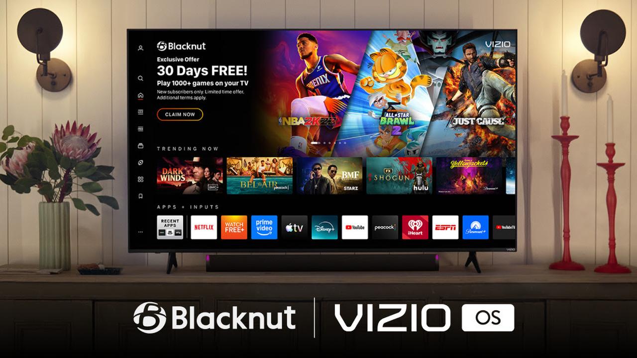 The Blacknut cloud gaming app is shown on a VIZIO Smart TV home screen with a 30-day free trial banner and game art for NBA 2K23.