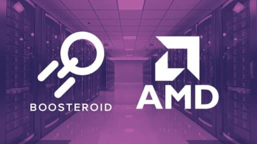 Boosteroid and AMD logos overlaid on a purple-tinted server room background, highlighting their partnership in cloud gaming.