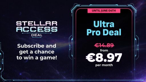 A promotional graphic for the Boosteroid Stellar Access Deal on Cloud Dosage, featuring a space nebula and a data panel highlighting the €8.97 per month Ultra Pro discount and the 10-game giveaway including Starfield and No Man’s Sky.