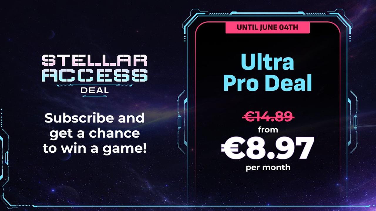 A promotional graphic for the Boosteroid Stellar Access Deal on Cloud Dosage, featuring a space nebula and a data panel highlighting the €8.97 per month Ultra Pro discount and the 10-game giveaway including Starfield and No Man’s Sky.