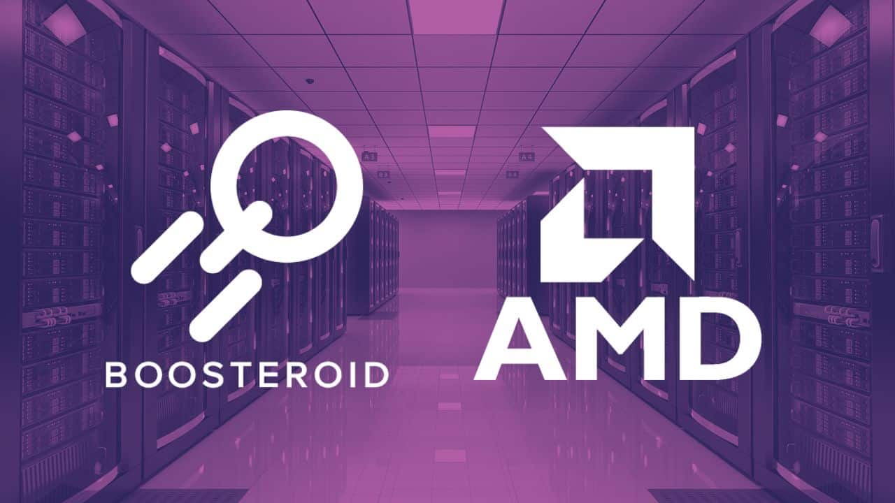 Boosteroid and AMD logos overlaid on a purple-tinted server room background, highlighting their partnership in cloud gaming.
