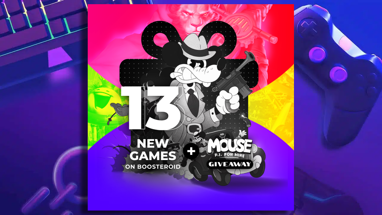 Boosteroid adds 13 games with a mouse holding a gun in the background