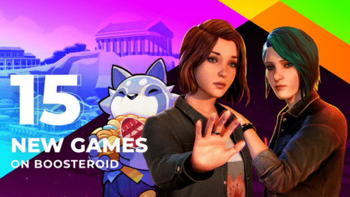 Two animated women and a cartoon dog with ice cream, text reads "15 New Games on Boosteroid" on colorful background.
